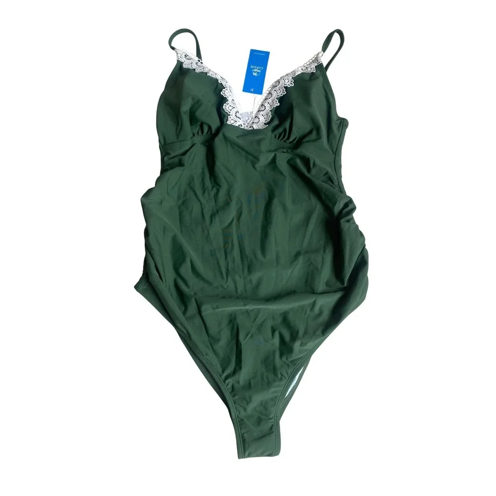 Cupshe Olive Green Ruched Lace Trim Plunging Neck OnePiece Swimsuit, Size M, NWT
